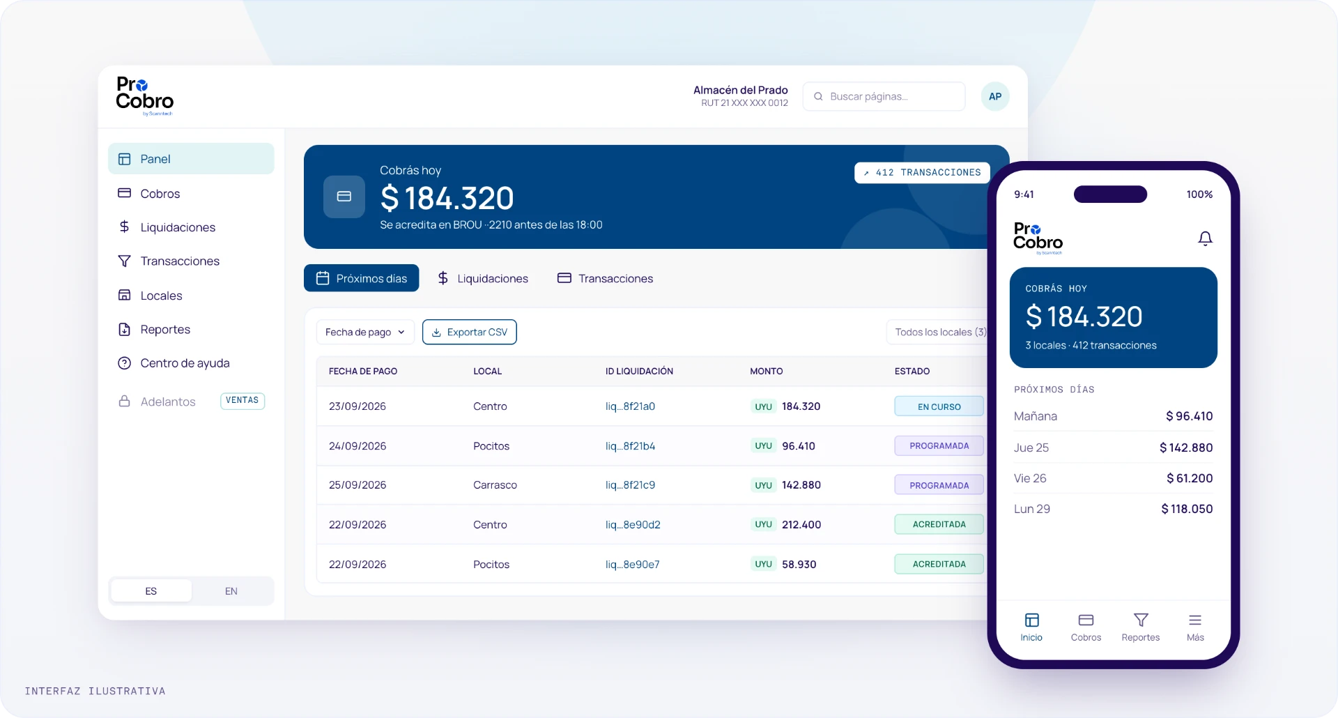 Panel web y app móvil de Procobro con cobros del día, liquidaciones y próximos pagos
