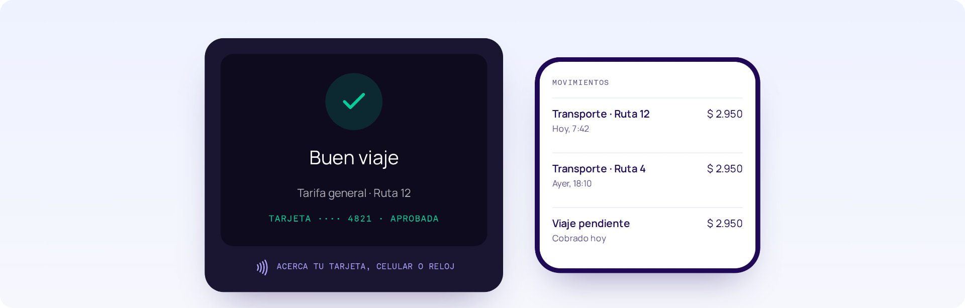 Validador del bus aprobando el pago con tarjeta y movimientos de viajes en el celular del pasajero
